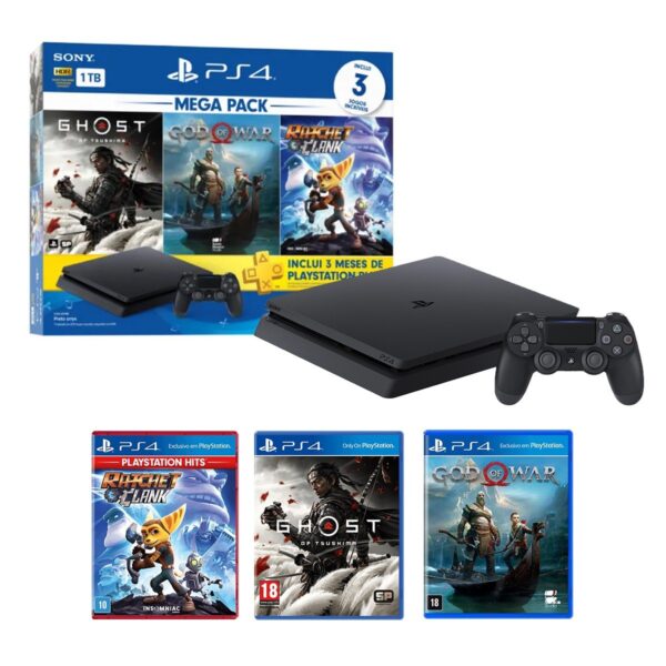 Console Playstation 4 Mega Pack, Ghost of Tsushima, God of War, Ratchet & Clank, 1TB, Black